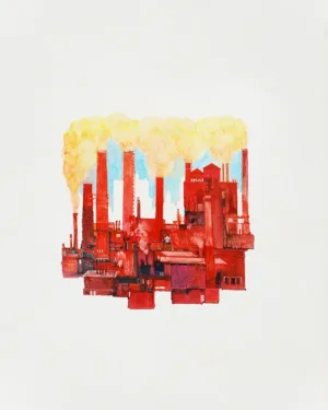 Cover artwork for Capitalism, the Unknown Ideal by Ayn Rand, showing a colorful painting of factories