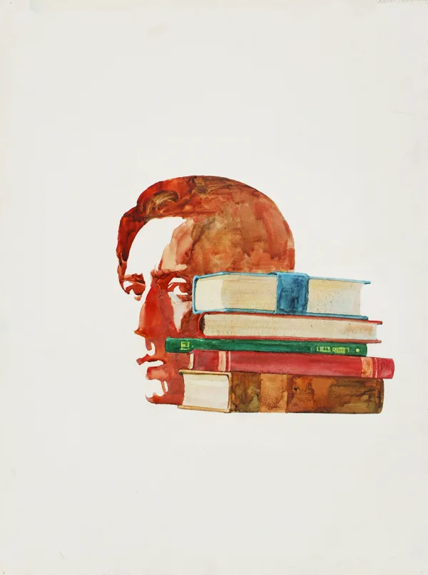 Book cover artwork for Ayn Rand's book For the New Intellectural, showing a portrait of a woman with a stack of books