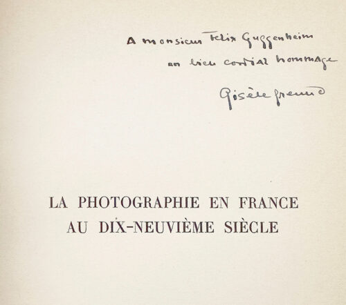 Detail from title page of book by Gisele Freund, inscribed to Felix Guggenheim